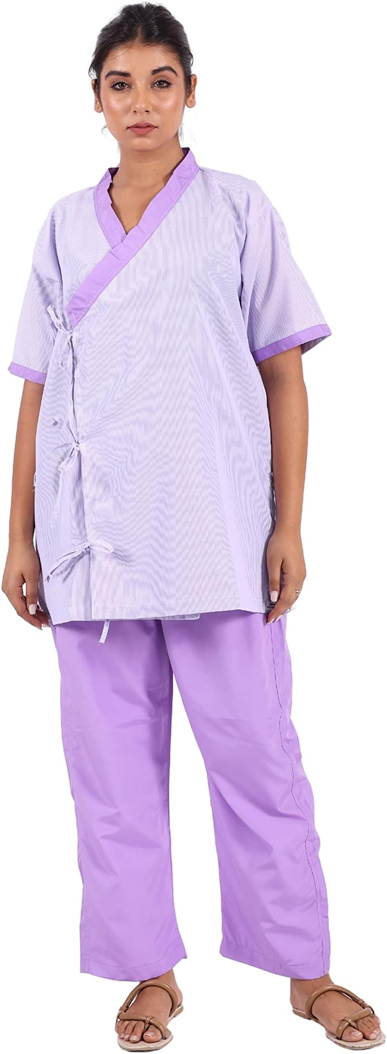 Women's Poly-Viscose Patient Dress with open front Overlap | Set of Top & Bottom | Uniform for Patients, Purple Lining (Free Size)