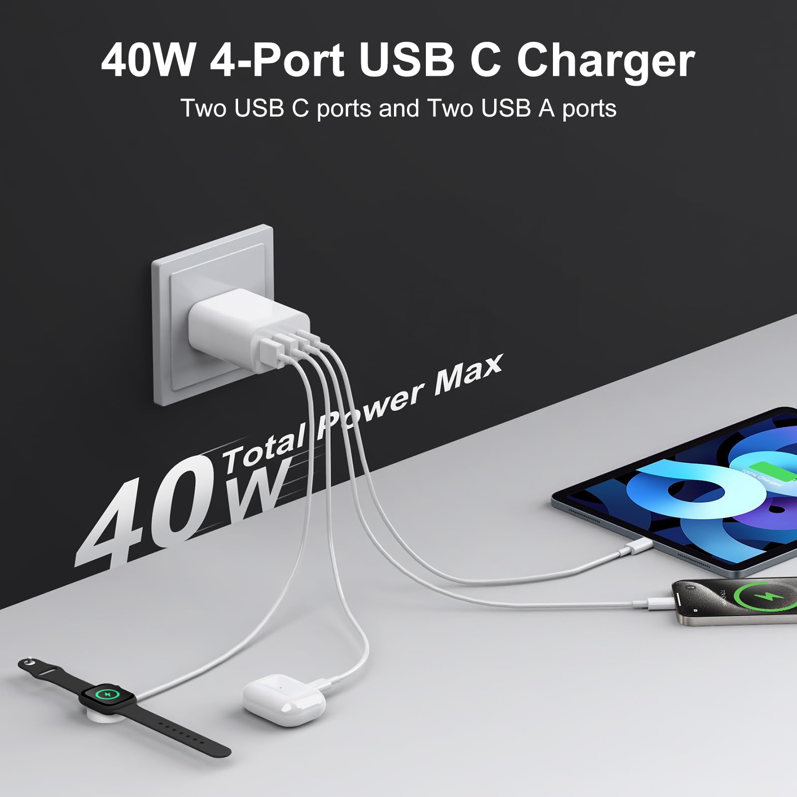 USB C Charger Block, 3-Pack 40W Wall Plug Fast Charging Block, 4-Port PD + QC Power Adapter Type C Charging Blocks Cube, Compatible with iPhone 16/15/14/13/12/11/Pro Max, Tablets?White?