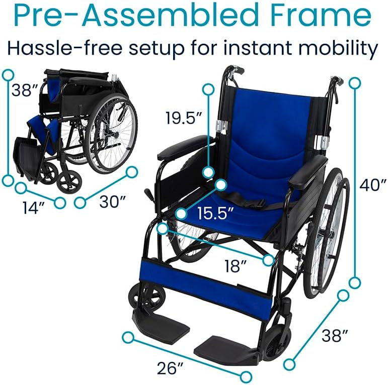 Dimensions of the Vive Ultra Lightweight Wheelchair, both folded and unfolded
