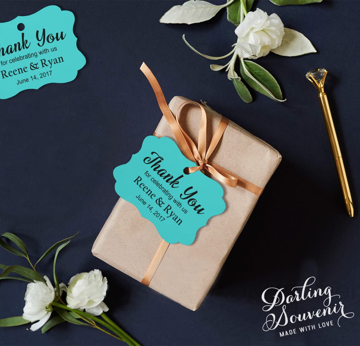 100 Cartellini Personalizzati 'Thank You For Celebrating' - Turchese - 4x5,5 Cm - Per Bomboniere - 2