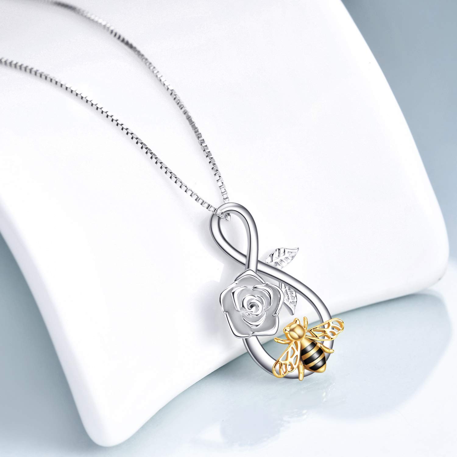 YAFEINI Bee Necklace Sterling Silver Infinity Love Bee Pendant Necklace with Rose Flower Jewellery Gifts for Women Teens
