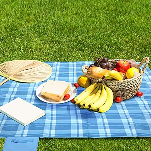 spaire 200 x 200 cm Large Picnic Blanket Waterproof Backing Anti Sand, Beach Blanket 3 Layers with Carry Handle, Outdoor Picnic Mat for Camping, Beach, Hiking, Family(Blue Grid)