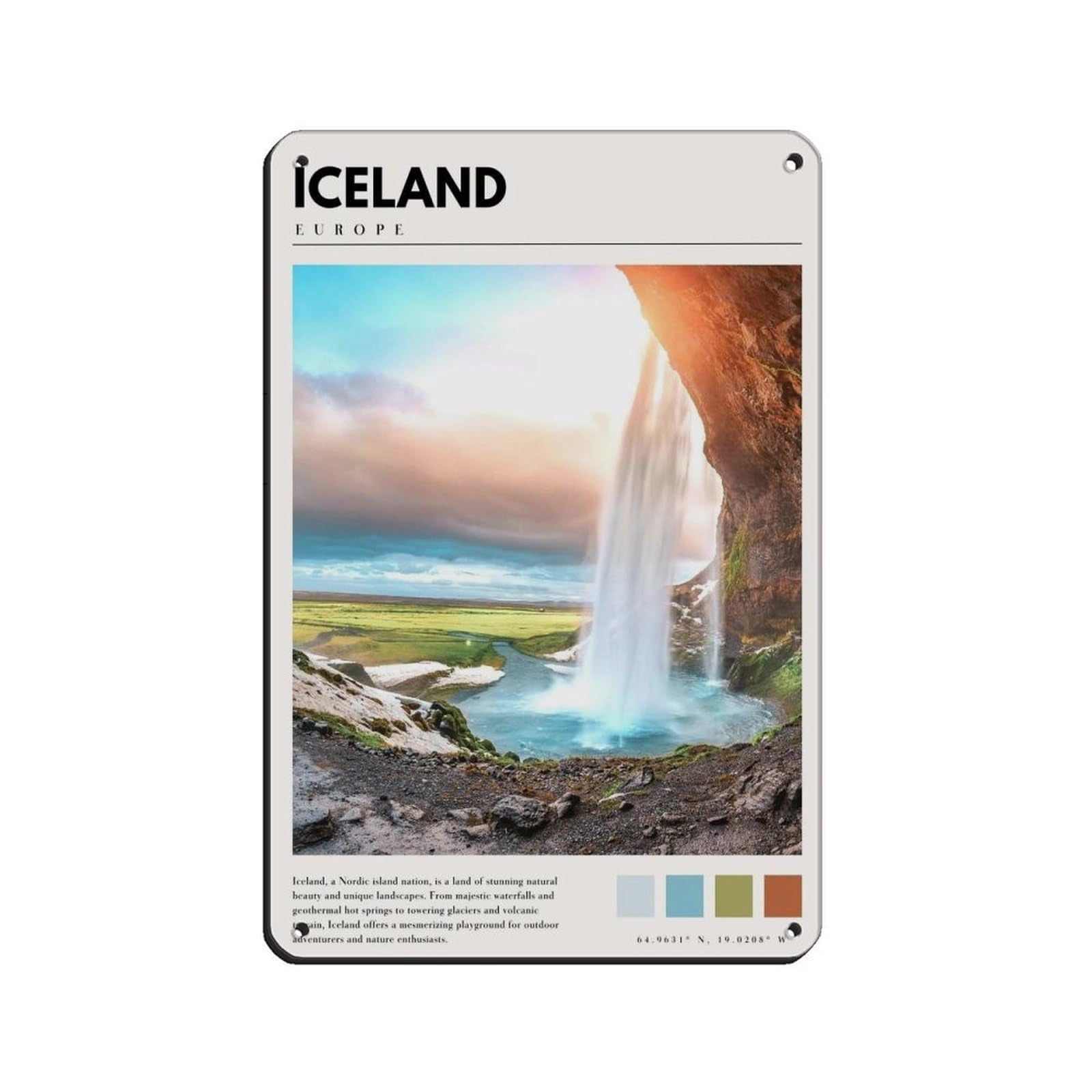 Iceland Art Iceland Poster Iceland Waterfall Artwork Retro Poster Metal Tin Sign Chic Art Retro Iron Painting Bar People Cave Cafe Family Garage Poster Wall Decoration 8x12inch(20x30cm)