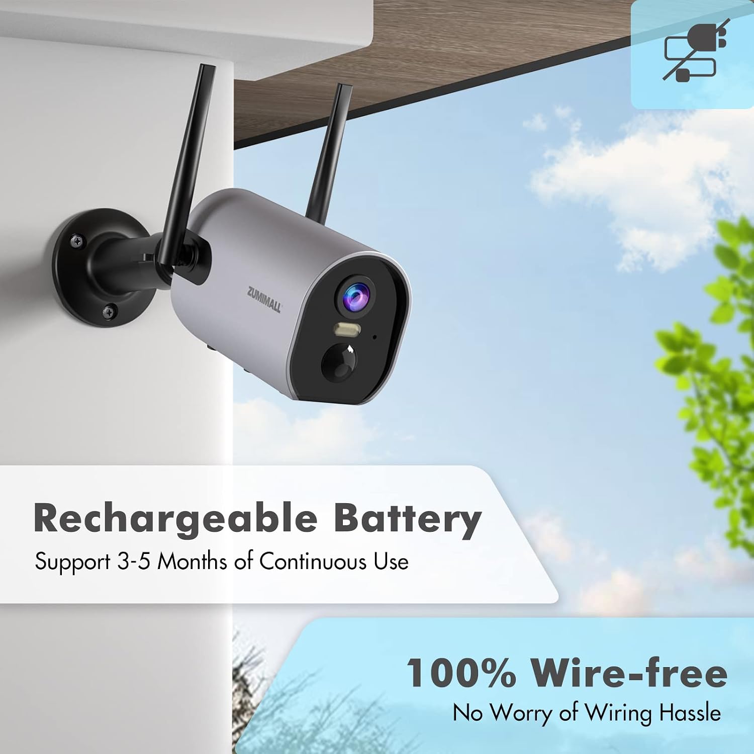 ZUMIMALL Security Cameras Wireless Outdoor-2K Home Security Camera Battery Powered, Outdoor Security Cameras with 3MP Color Night Vision/Spotlight/IP66 Waterproof/PIR Detection/2-Way Talk/Cloud/SD