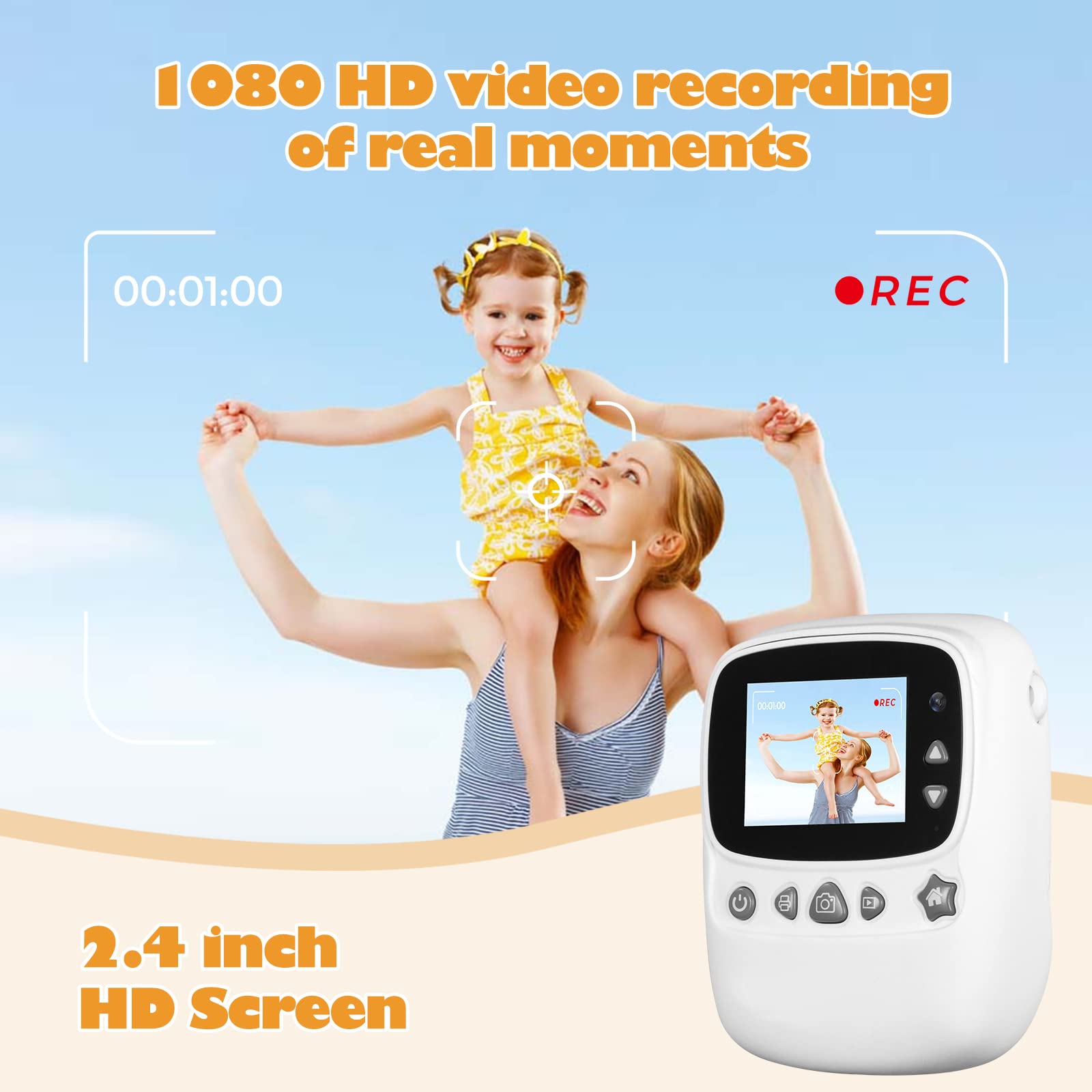 Fotocamera per Bambini, 30 MP, Doppia Fotocamera, Stampa in Bianco e Nero, Schermo da 2,4 Pollici, Scheda TF da 32 GB, Bianca