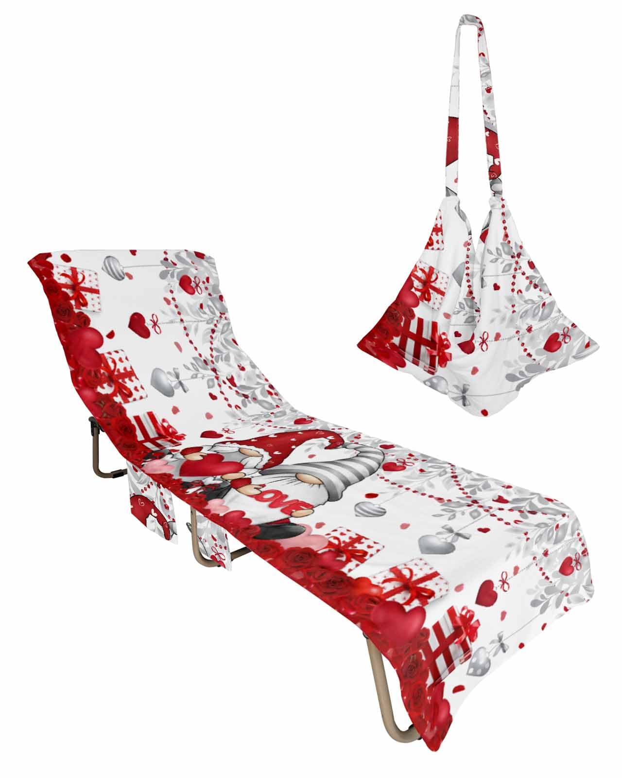 Red Grey Gnomes Valentine's Day Beach Lounge Chair Towel Cover, Soft Chaise Lounge Towel with Side Pockets Patio Pool Chairs Cover for Beach/Pool Sunbathing 29x85 Love Heart Botanical