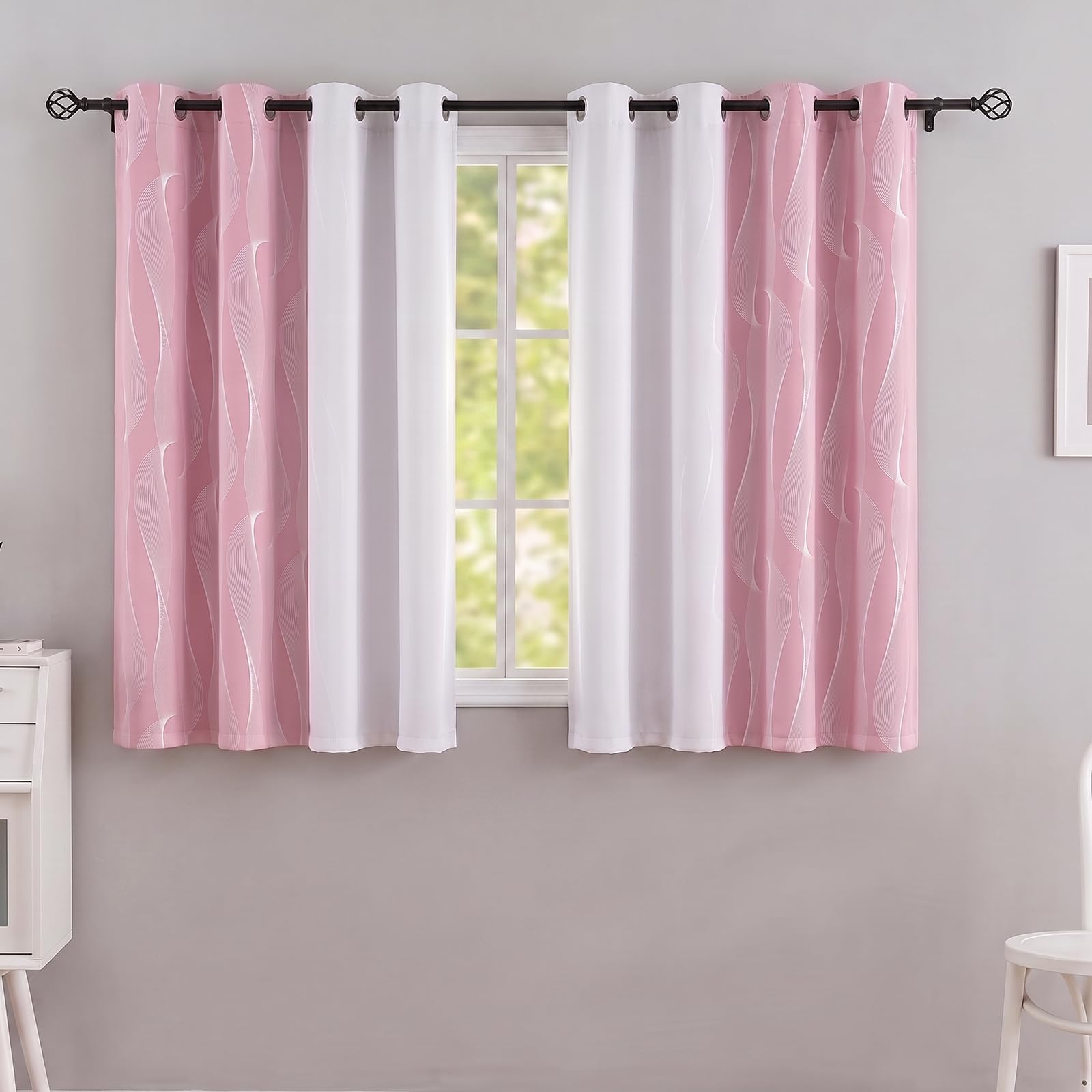 Gazal Vole Pink and White Ombre Curtains for Girl's Room – Modern Gradient Drapes with Wave Line Pattern, 54 inch Drop, 80-90% Room Darkening for Nursery Bedroom Living Room & Office, 2 Panels