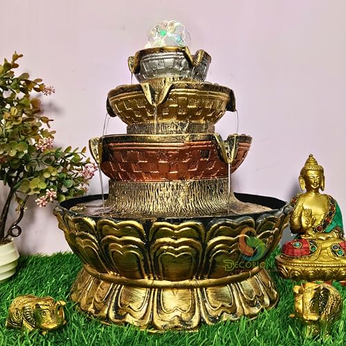 Image of Golden Table Top Water Fountain for Home Decor /Office /Indoor & Outdoor /Garden /Puja Room /Vaastu with Multicolor LED Light and Adjustable Water Pump (Round Golden Fountain D-068)