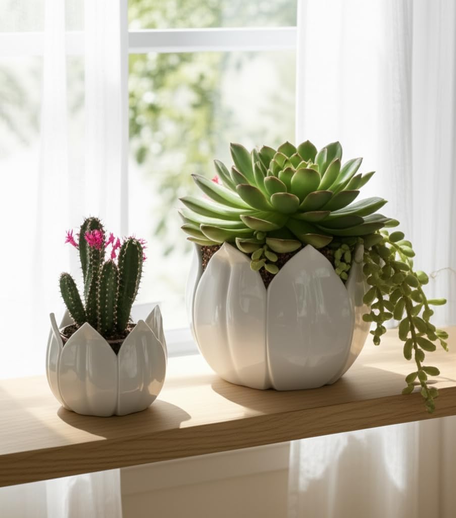 Flower Pots for Home Decor – Ceramic Petal Shaped Planters for Indoor and Outdoor Plants – Decorative Plant Pots That Work with Any Plant Perfect for Garden or Patio Decor; Set of 2 – 10", 8" White