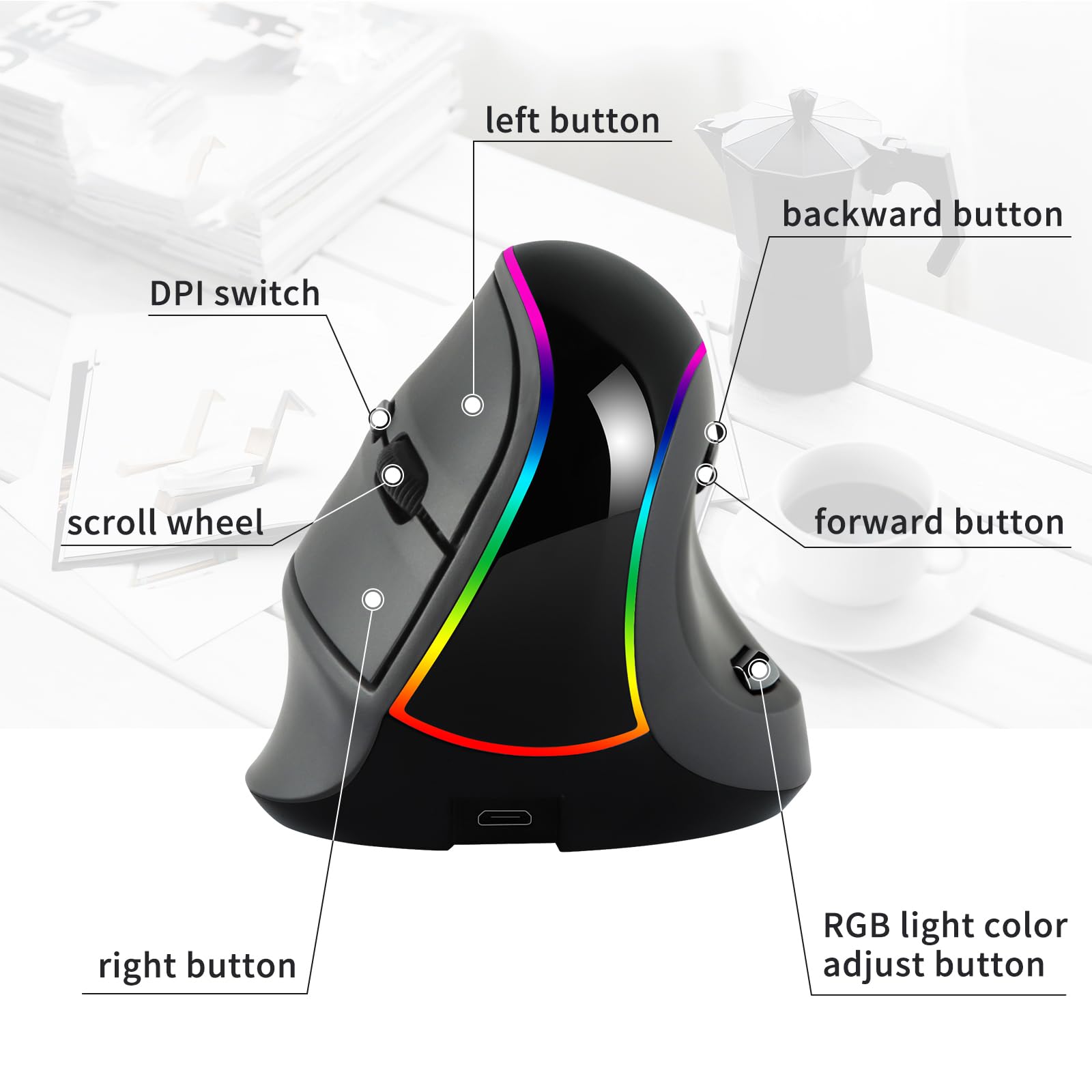 Mouse wireless 2.4G Mouse ergonomico Mouse ottico ricaricabile Mouse verticale RGB con 6 pulsanti Poggiapolsi rimovibile Mouse per computer cordless per PC Laptop Desktop