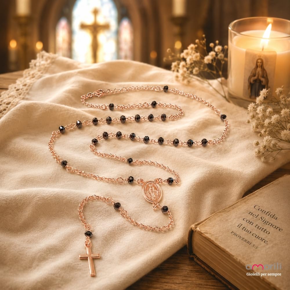 Collana Rosario Uomo Donna in Argento 925 Ramato con Postine e Grani Neri Sfaccettati – Collana Religiosa Cattolica Cristiana di Fede – Gioiello Elegante cll1018