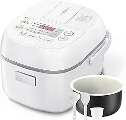 Toshiba Panela de arroz pequena para 3 xícaras cruas – visor LCD com 8 funções de cozinha, tecnologia lógica difusa, temporizador de atraso de 24 horas e aquecimento automático, panela interna antiaderente, branca