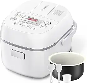 Toshiba Panela de arroz pequena para 3 xícaras cruas – visor LCD com 8 funções de cozinha, tecnologia lógica difusa, temporizador de atraso de 24 horas e aquecimento automático, panela interna antiaderente, branca