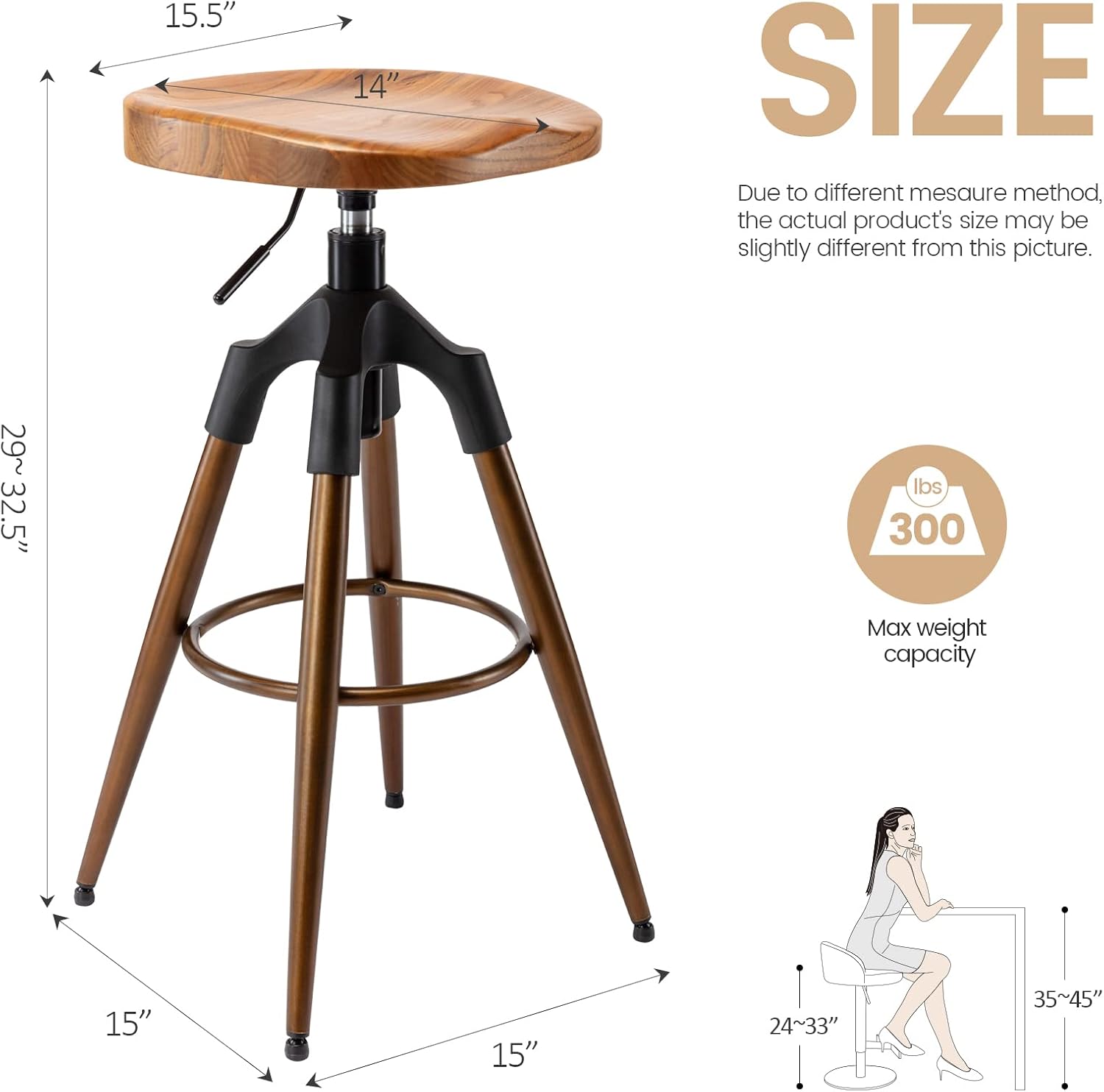 Exclusive Discount 80% Offer Brage Living Industrial Bar Stool, Swivel Adjustable Counter Height Airlift Kitchen Barstool, Backless Four Legged Dining Stool, Heavy Duty Bar Chair for Pub Cafe (Wooden top, Bronze)