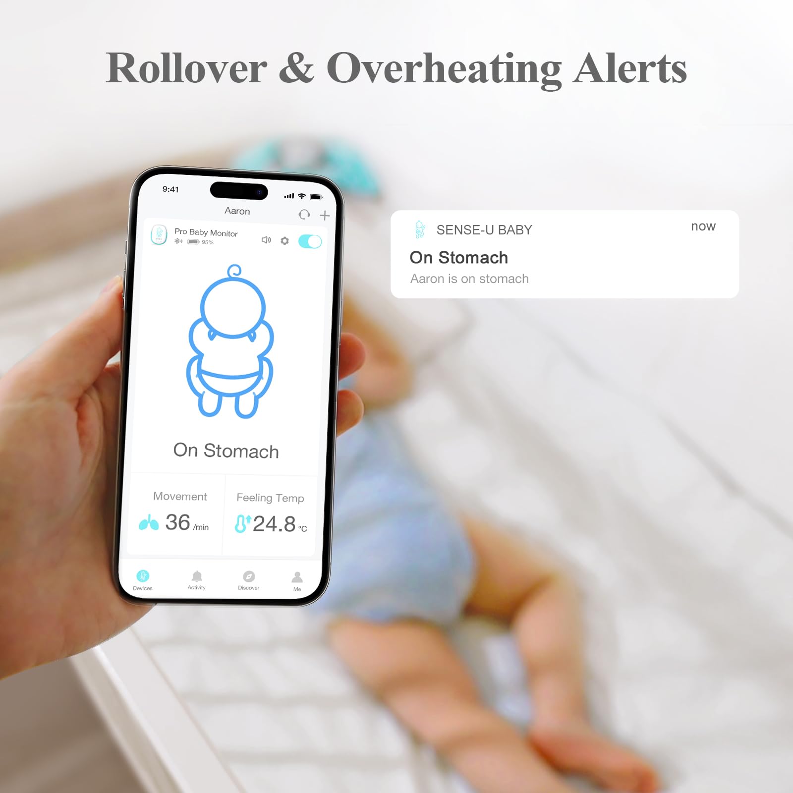 Sense-U Baby Monitor: traccia il movimento addominale, la temperatura, il ribaltamento e la posizione del sonno del tuo bambino (prato)
