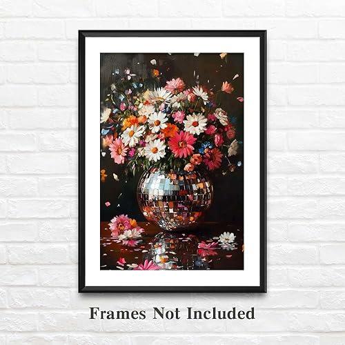 Miniatura 3 de COTAIL Arte de pared de flores de bola de discoteca, lienzo floral para sala de estar y dormitorio, póster artístico funky con impresiones de