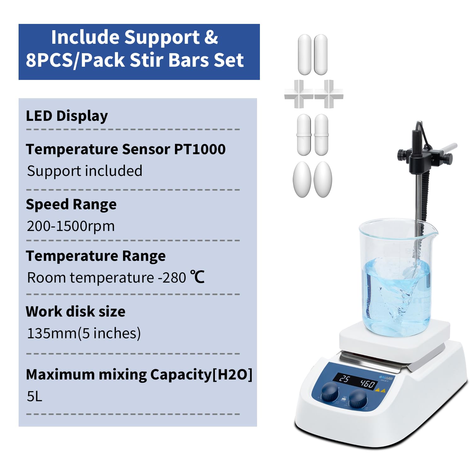 ONiLAB Agitatore magnetico quadrato a LED da 280 ℃ da 5 pollici con piastra di lavoro in acciaio inossidabile rivestita in ceramica, 200-1500 giri/min, 110 V, sensore di temperatura e 9 barre di