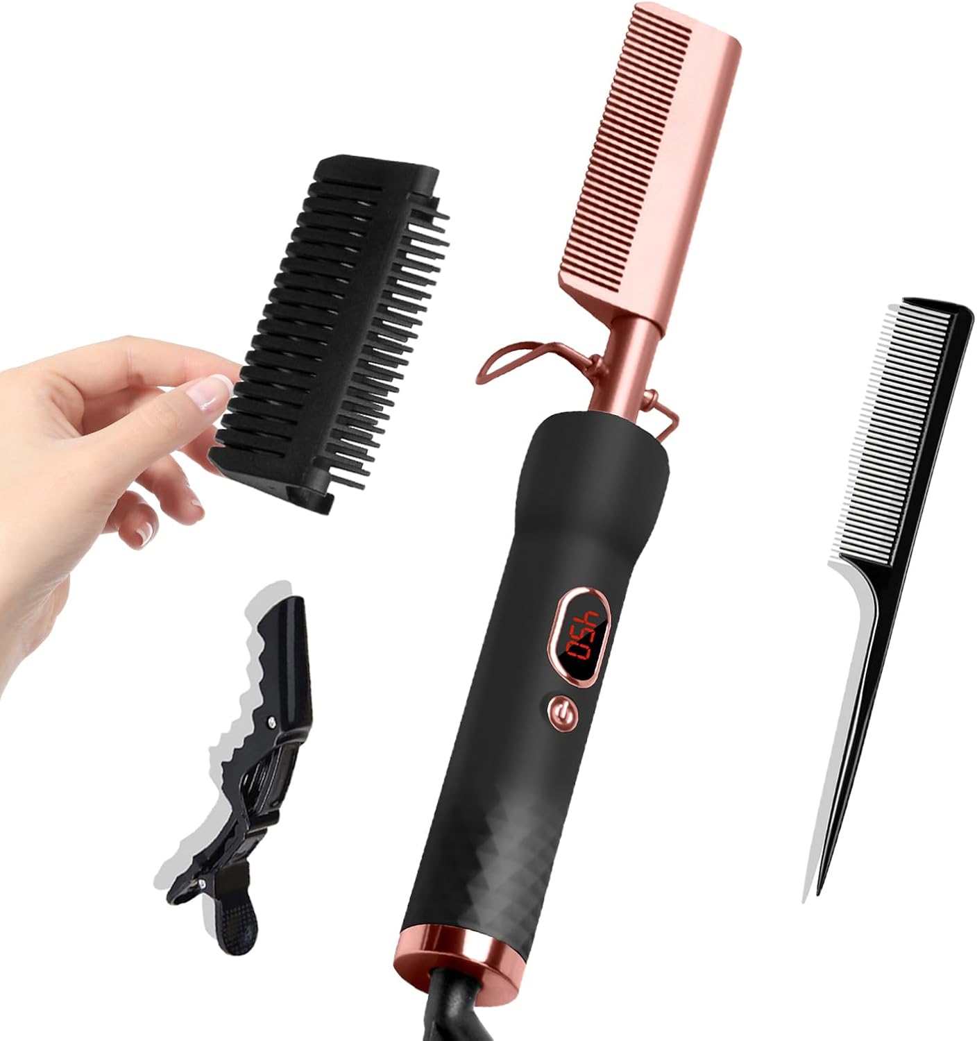 Hot Comb,Travel Curling Iron Double Voltage 110-240V,12 Temp Settings Straightening Comb for Black Hair,Pressing Combs for Straight/Curling