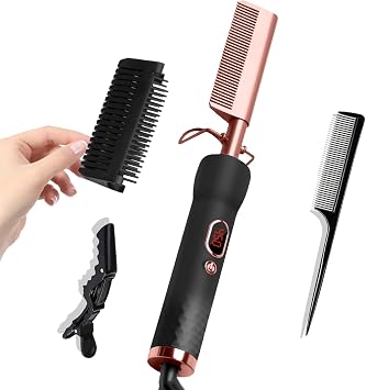 Hot Comb,Travel Curling Iron Double Voltage 110-240V,12 Temp Settings Straightening Comb for Black Hair,Pressing Combs for Straight/Curling