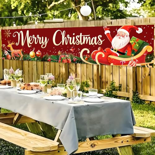Image of Christmas Sleigh Outdoor Banner 78.7 x 17.7 Inch Santa with Gifts and Reindeer on Red Background Festive Holiday Decoration for Yard Garden Fence Porch or Patio Display