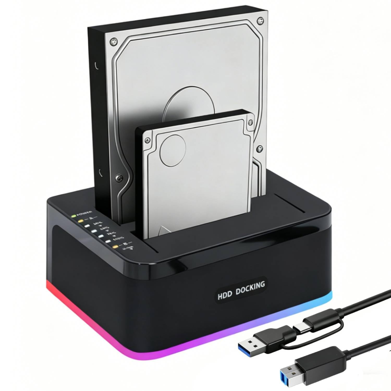 Dock Disque Durs Double Baie, RGB USB 3.0 Station Lecteur Disque Dur La Fonction de Clonage Hors Ligne Prend en Charge UASP Jusqu'à 2*20 to Double Baie pour HDD/SSD SATA 2,5/3,5 Pouces