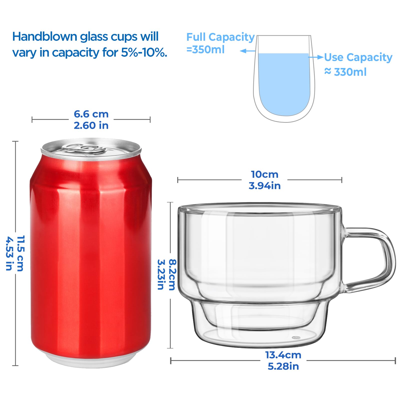 glastal 4 Pack 350ml Double Walled Coffee Cups Glasses Mugs, Stackable Glass Coffee Cups with Handle - Image 2