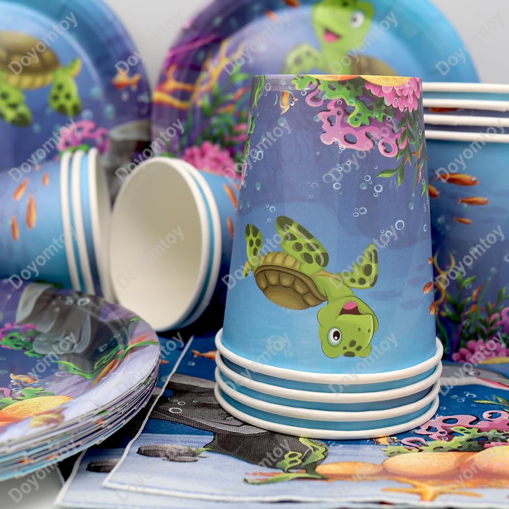 Doyomtoy Stoviglie per Feste Animali Marini, 53 Pezzi Decorazioni Compleanno Ocean Sea, Piatti, Tazze, Tovaglioli per Bambini