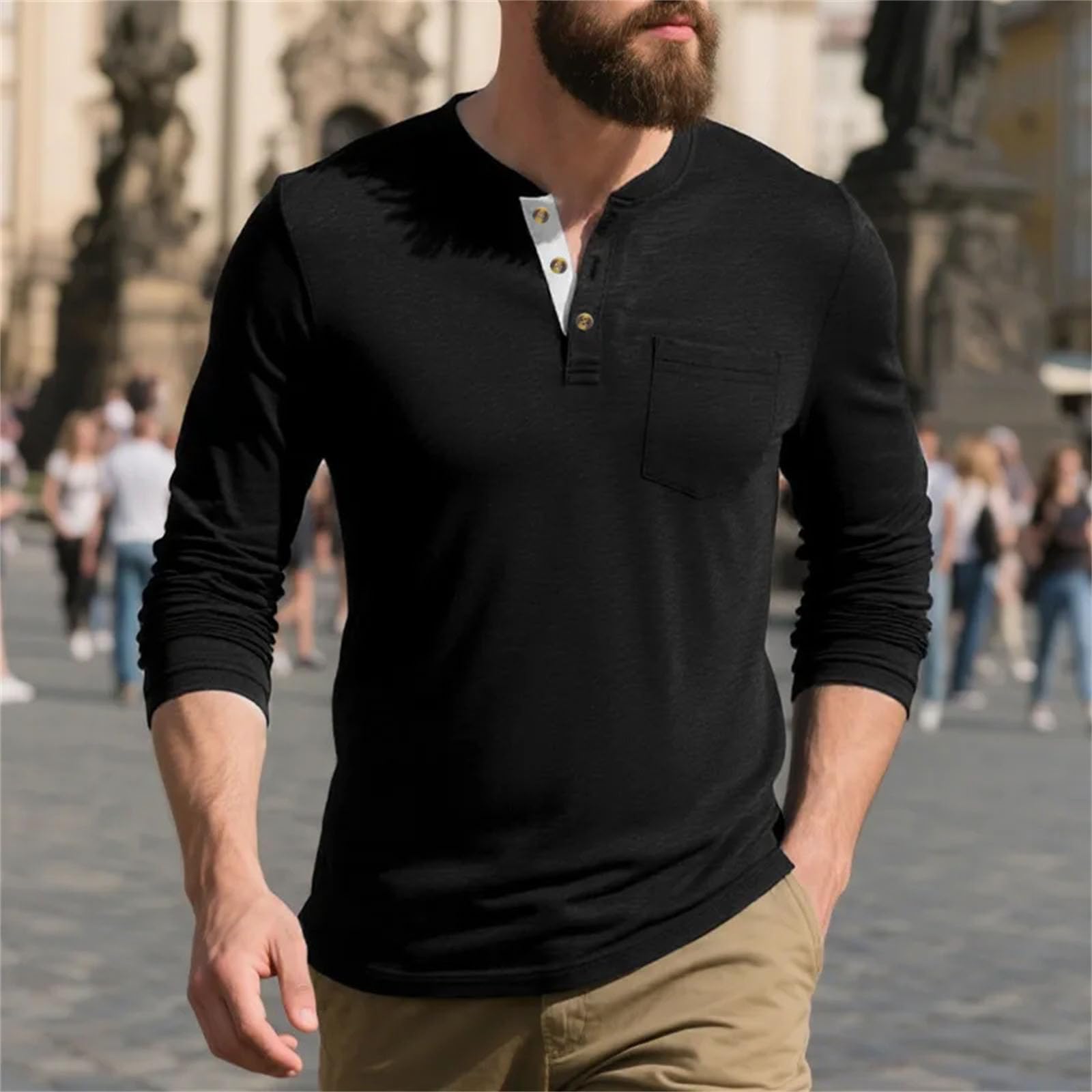 Maglietta da uomo a maniche lunghe, girocollo, alla moda, morbida, traspirante, con colletto a O