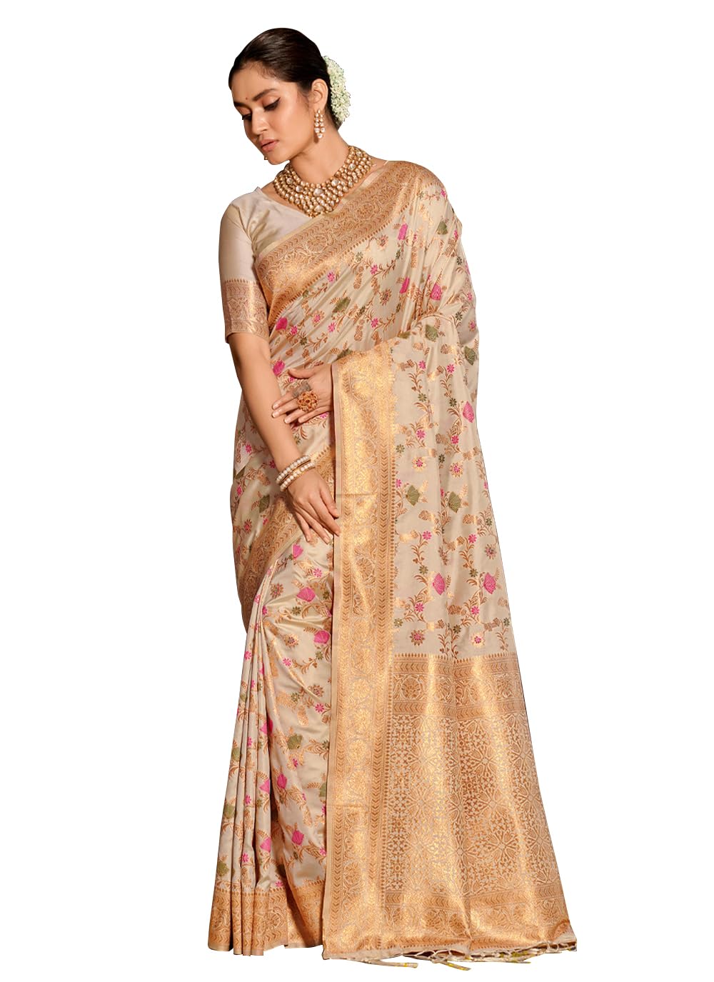 Banarasi Silk Saree with Golden Zari Floral Weaving | Soft Lightweight Traditional Saree for Women | Perfect for Festive Occasions, Gifting & Celebrations (White)-image-10