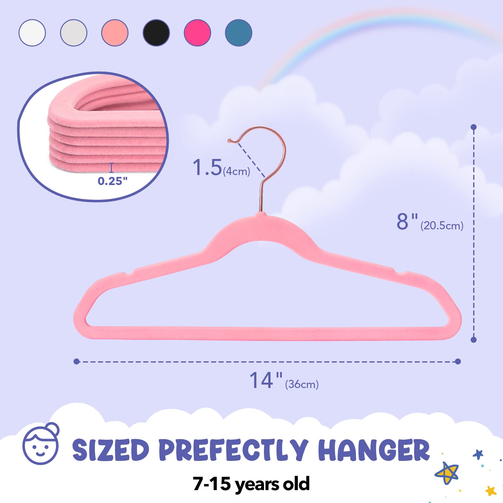 House Day Perchas de terciopelo para niños, paquete de 60 perchas de calidad para armario, ultrafinas, lindas, fieltro, antideslizantes, 36 cm, colgador pequeño para ropa de bebé, rosa rubor