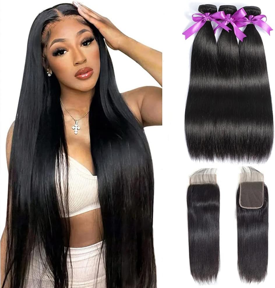 Straight Bundles with Closure Human Hair 12 14 16+10 Brazilian Human Hair Bundles with Closure Straight 100% Unprocessed Virgin Weave Hair Bundles with Lace Closure