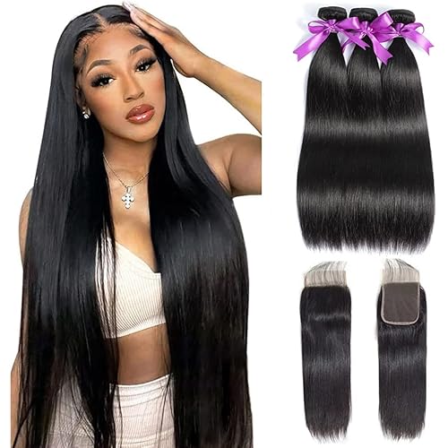 Straight Bundles with Closure Human Hair 20 22 24+18 Brazilian Human Hair Bundles with Closure Straight 100% Unprocessed Virgin Weave Hair Bundles with Closure 10A Bundles Human Hair with Lace Closure