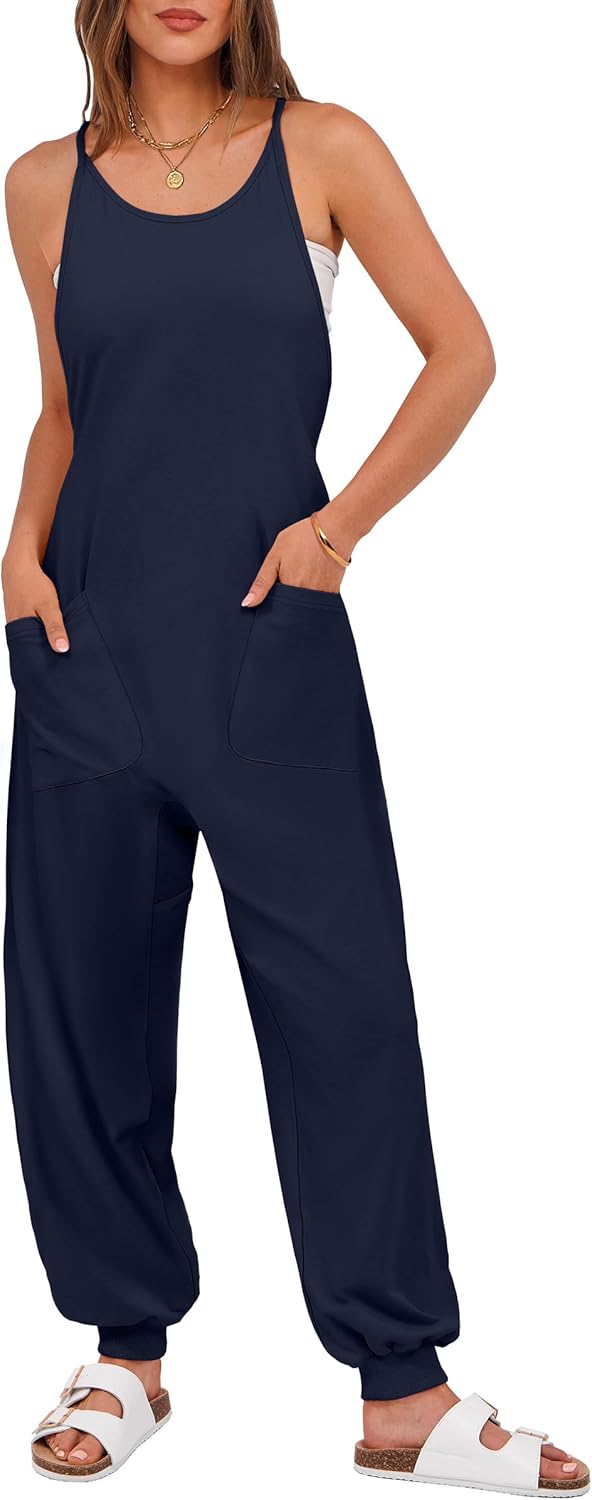 ANRABESS Women’s Causal Sleeveless Jumpsuits Summer Scoop Neck Harem Overalls Stretchy Adjustable Strap Romper with Pocket