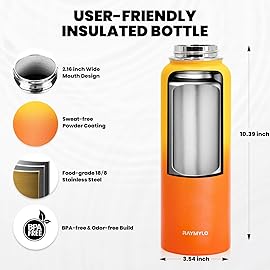 RAYMYLO Insulated Water Bottle 40 oz, Triple Wall Vacuum Stainless Steel (Cold for 48 Hrs), Leak Proof & Non-BPA, Modern Water Flask Jug with Paracord Handle & Straw Spout Lids, Ombre Orange