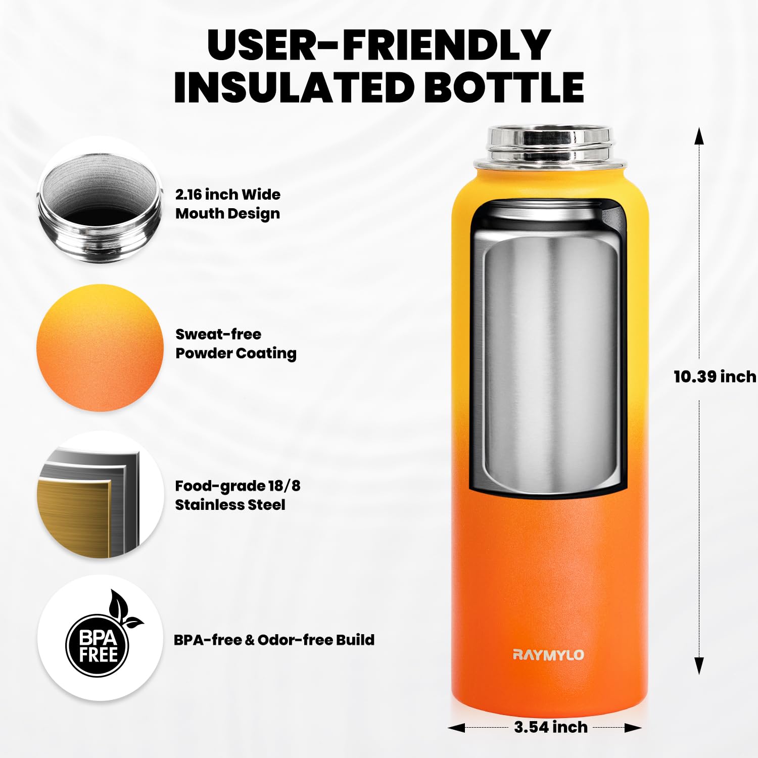 RAYMYLO Botella de agua aislada de 40 onzas, acero inoxidable al vacío de triple pared (fría durante 48 horas), a prueba de fugas y sin BPA, jarra de agua moderna con asa de paracaídas y tapas de