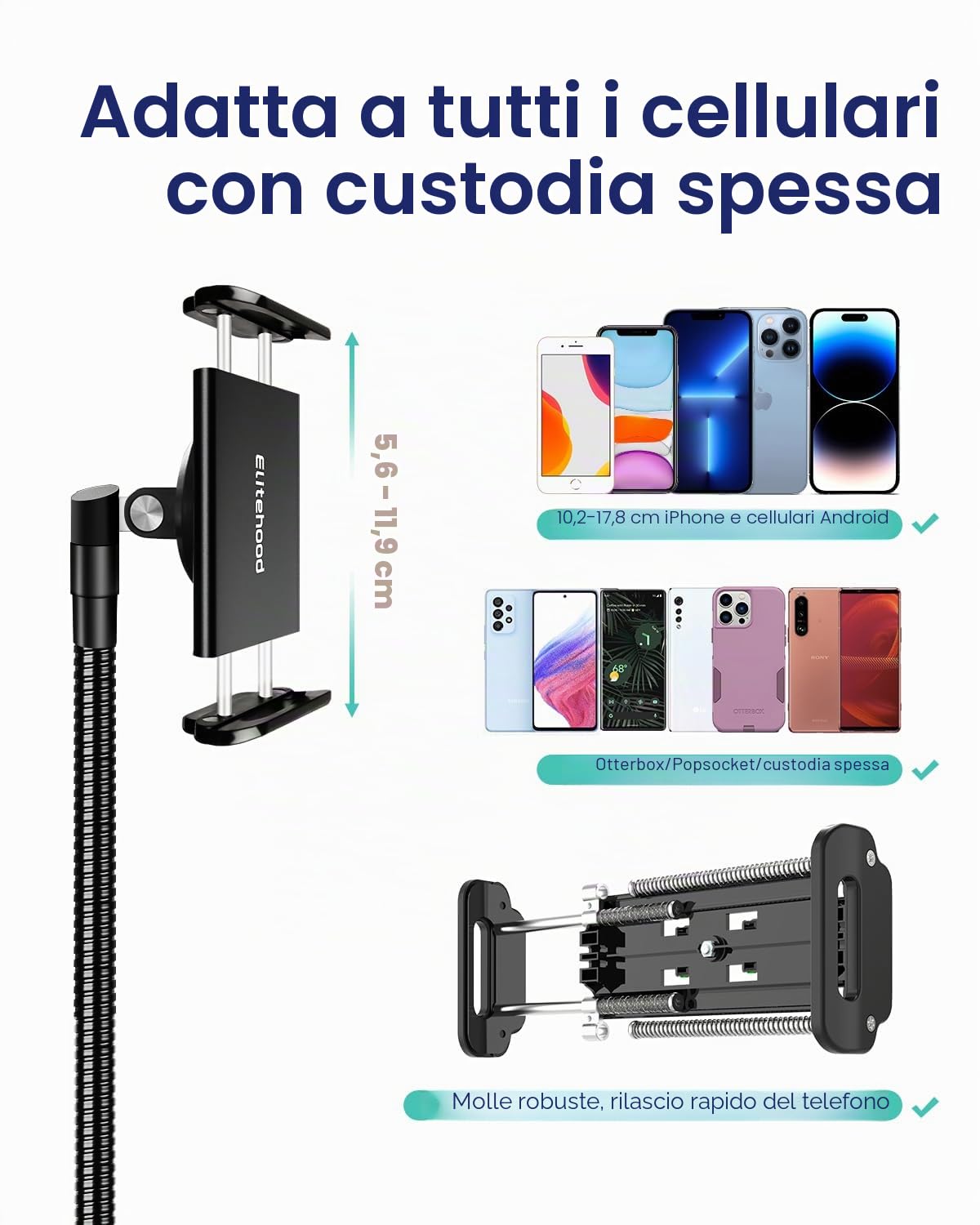 Elitehood Treppiede Alto 203 cm, in Metallo Resistente per Smartphone e iPhone, Girocollo d'oca con Cavalletto e Rotazione a 360° per iPhone 15 14 13 Pro Max