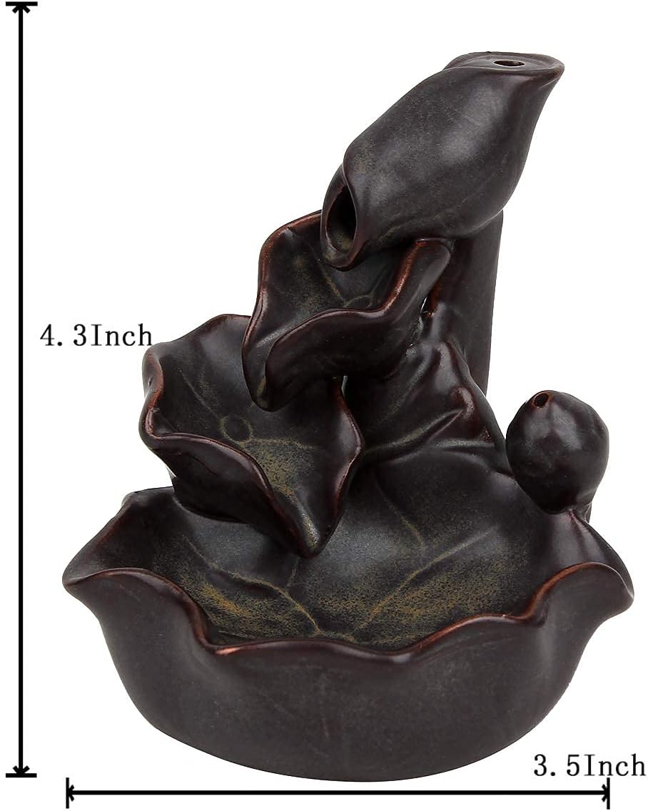 OCIOLI Backflow Incense Burner Incense Waterfall Burner Insencents Holder Backflow Cones Sticks Holder Porcelain Lotus Pond Censer with 10 Cones (Black)