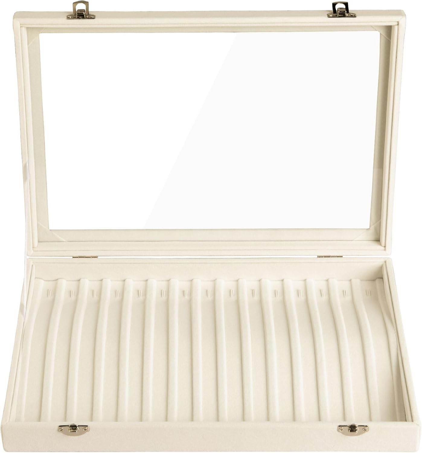 Frebeauty 15 Hooks Necklace Tray Velvet Neckalce Organizer with Clear Lid Lockable Necklace Holder Box Jewelry Organizer for Pendants Chains Necklace Jeweley Tray for Women Girls(Beige) - Image 2