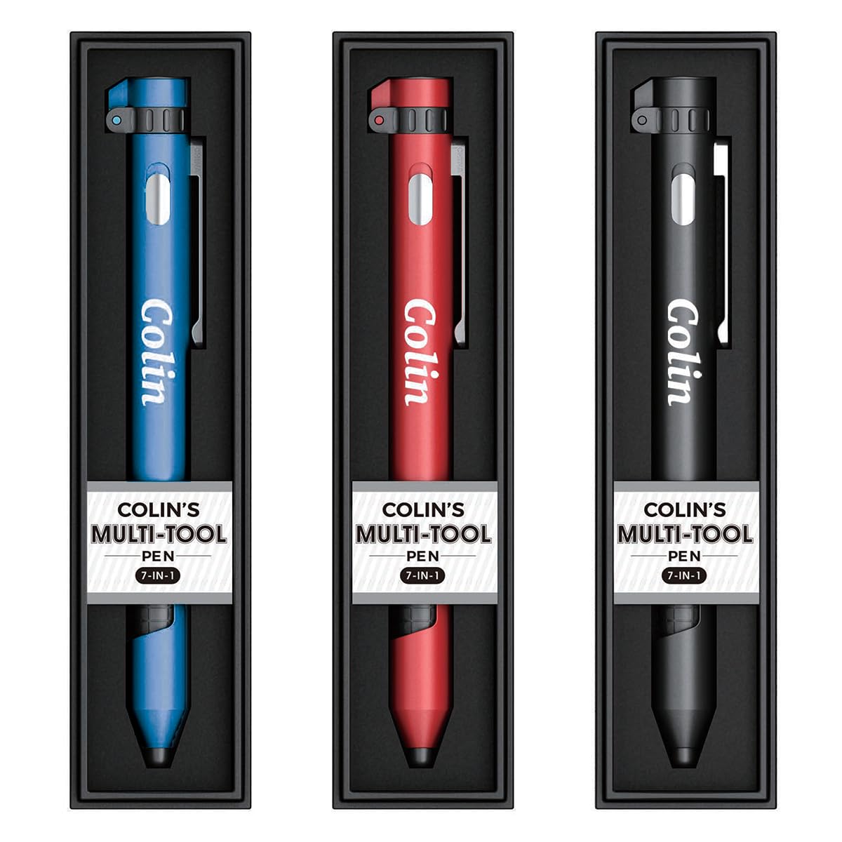 Jrose Collections Red/Blue/Black Colin Named Personalised Multi-Tool Pen, 7-In-1 With Torch, Phone Holder, Stylus, Compass, And Screwdriver Set - Assorted Colours (, Black) - Ink