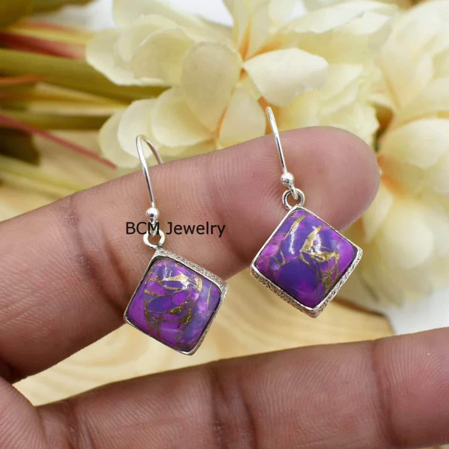 Sólidos pendientes de plata de ley 925 para mujer, pendientes de regalo de dama de honor, turquesa de cobre púrpura, pendientes de piedras preciosas, regalo de Navidad para ella