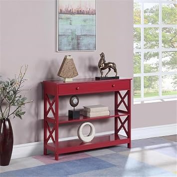 Pemberly Row Transitional One-Drawer Console Table, 39.5 x 12 x 31.5 in, MDF and Particleboard, Cranberry Red Finish, Three Tiers of Shelving, X-Frame Design, Entryway or Living Room Storage Table