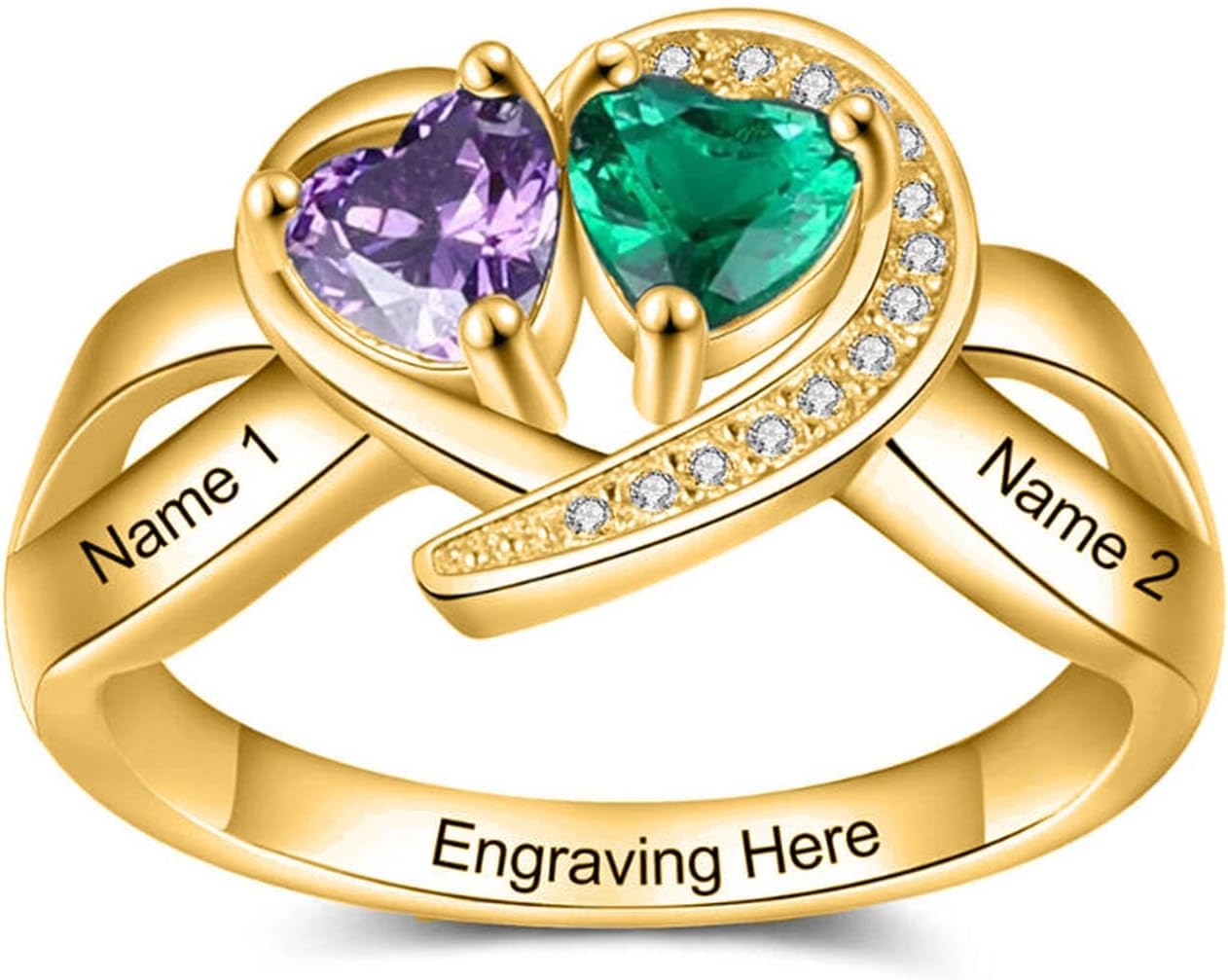 10k 14k 18k Solid Gold Personalized Mothers Ring With 2 Simulated Heart Birthstone Customized Engraved Promise Heart Ring for Women