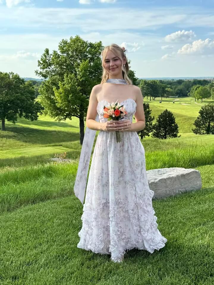 Strapless Bridesmaid Dresses for Women with Scarf Foral Chiffon Pom Dress Ruffle Formal Evening Gowns with Slit4