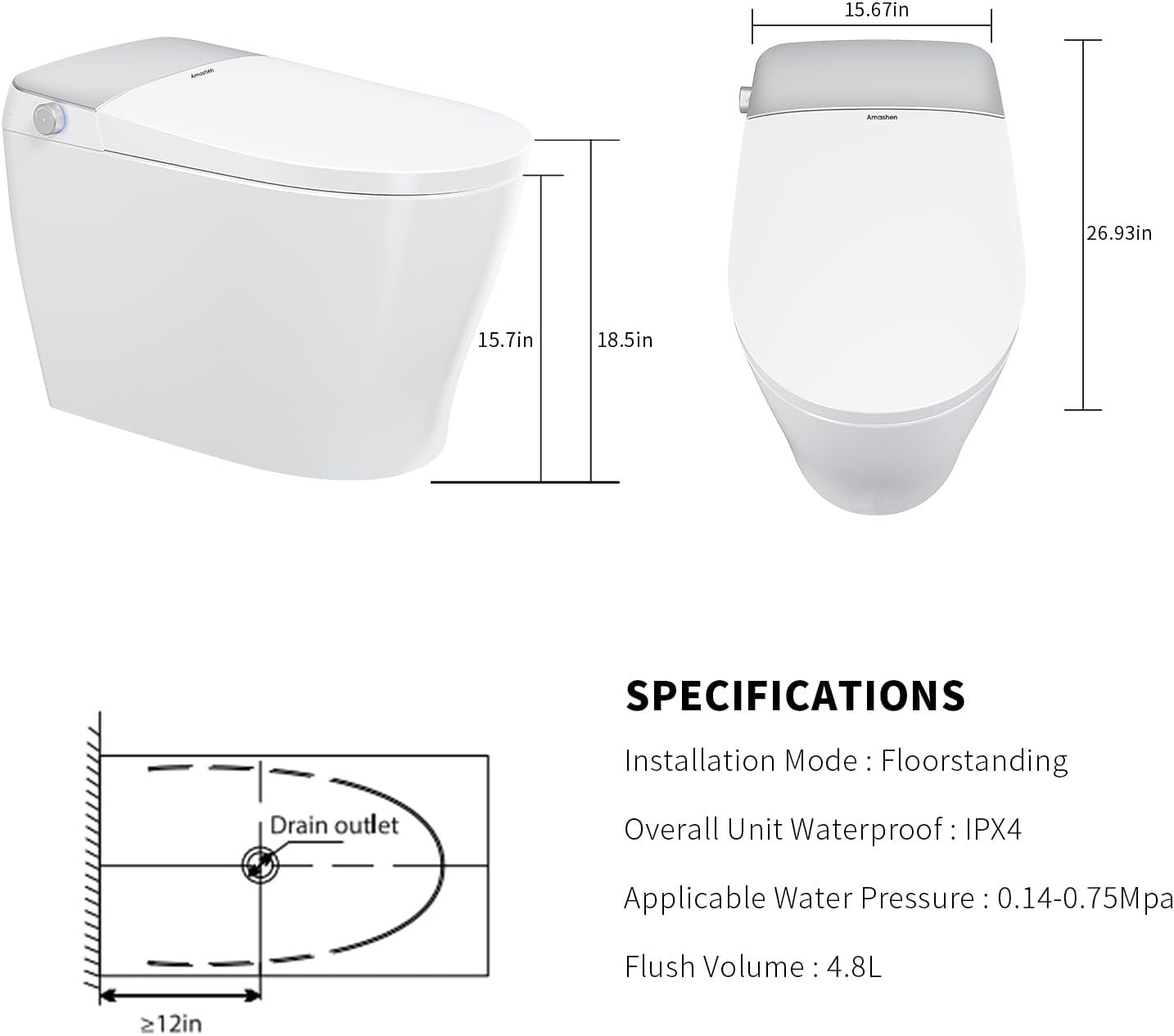 Smart Toilet, Auto Lid Heated Bidet Seat Foot Sensor Built-in Tank | LED Display, Powerful Flush, Night Light, Modern Intelligent One-Piece Design