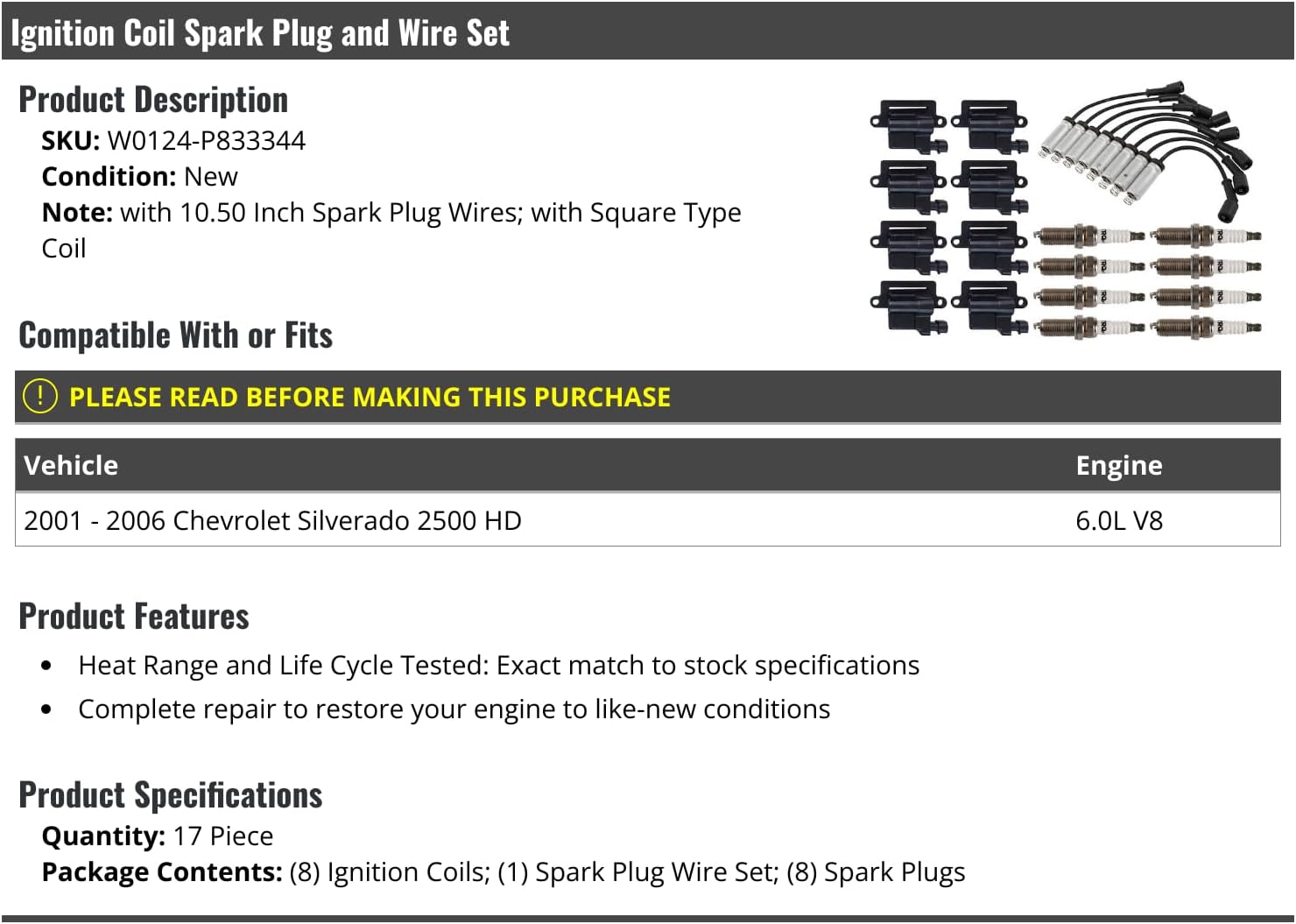 Marketplace Auto Parts Ignition Coil Spark Plugs and Spark Plug Wires Kit - 17 Piece - Compatible with 2001-2006 Chevy Silverado 2500 HD 6.0L V8 (with Square Type Coil)