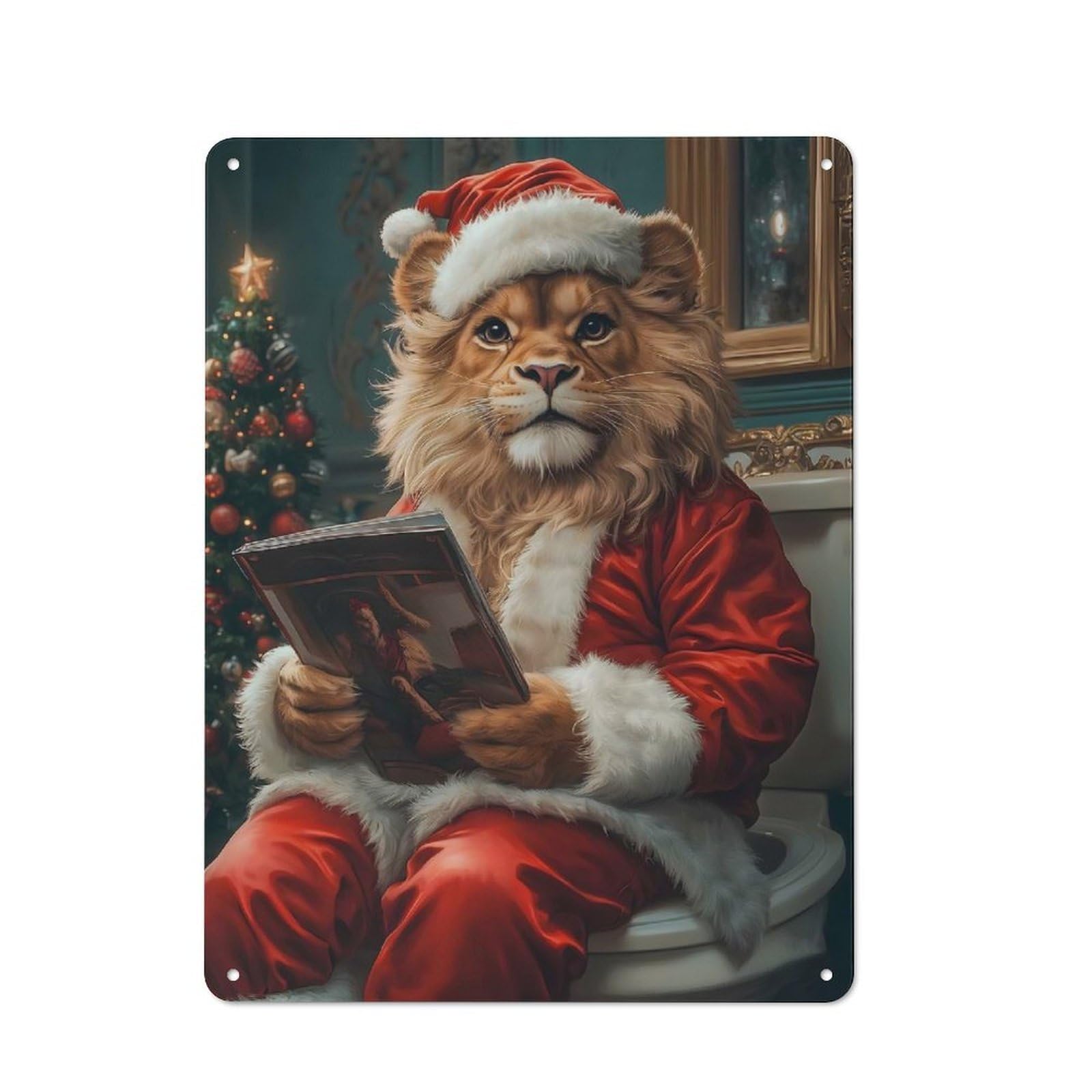 Junmoney Lion Santa Reading For Bar Or Restaurant, Retro Metal Plaque 40X30cm, A Decorative Christmas Gift For Hospitality Decor Collectors