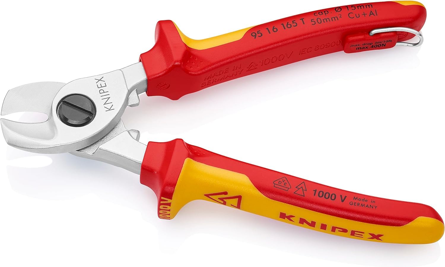 KNIPEX Cesoia per cavi in blister cromata isolante con, 95 16 165 T BK | manici rivestiti in materiali bicomponente, collaudati VDE; con anello di