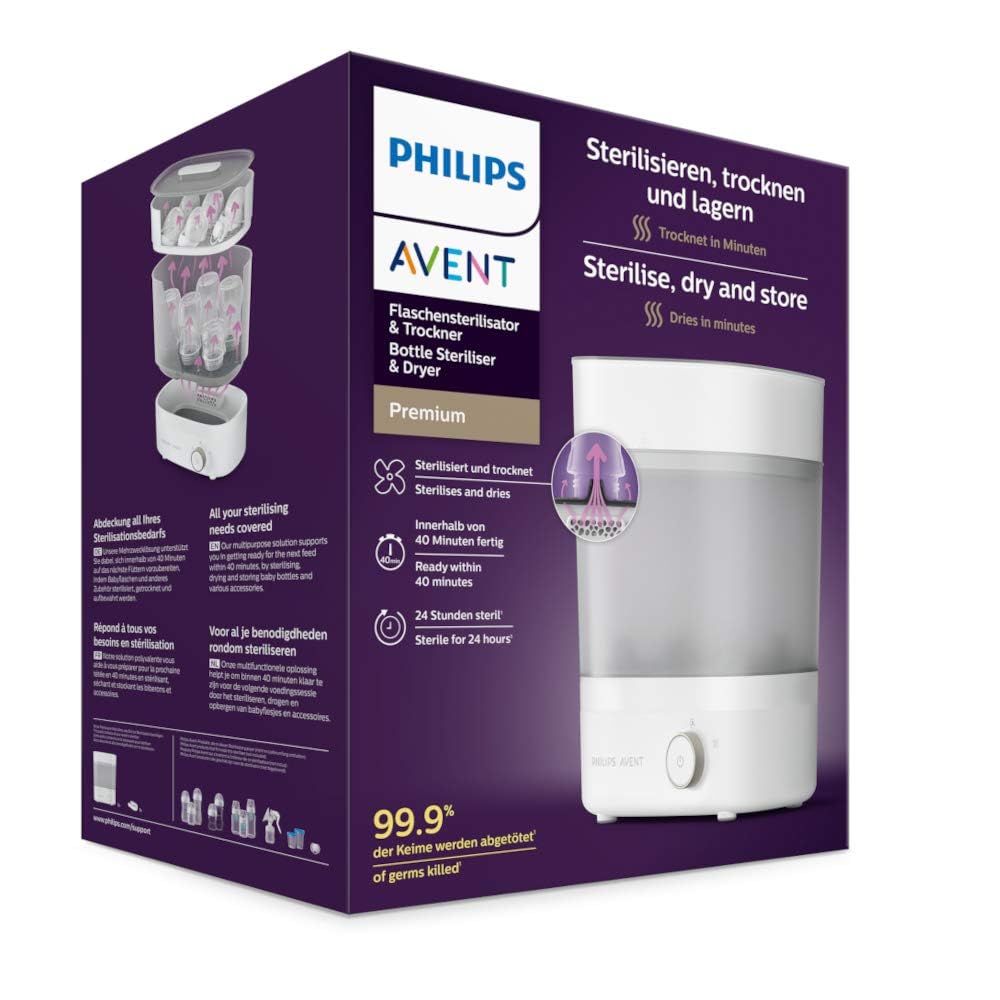 Philips Avent Premium - Sterilizzatore e asciugabiberon, rimuove il 99,9% dei batteri, senza sostanze chimiche, capacità 6 biberon, tettarelle, accessori, modello SCF293/01