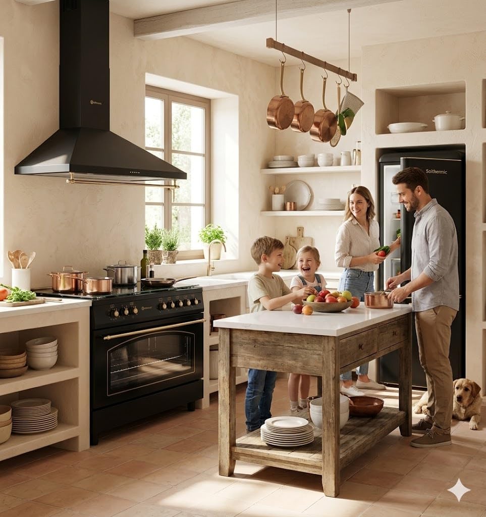 SOLTHERMIC PACK 3 EN 1 COCINA GAS HORNO PANORAMICA (115L) + CAMPANA DECORATIVA A JUEGO 90 CM + COMBI 1,88 X 55 TODO NEGRO RUSTICO Y ACABADOS DORADOS