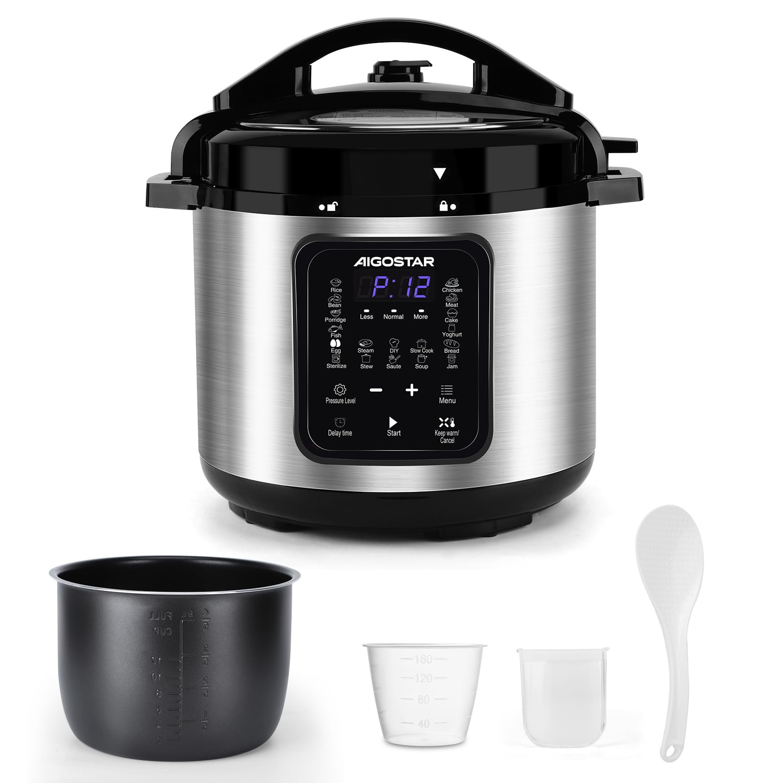 Aigostar Pentola a pressione elettrica 18-in-1 Pressure Cooker, 6 Litri Pentola Programmabile 24 ore, 3 pressioni, 1000W Pannello LED Multicooker per Yogurt, Cuoci, Riso, Slow Cooker, Sauté, 1000W